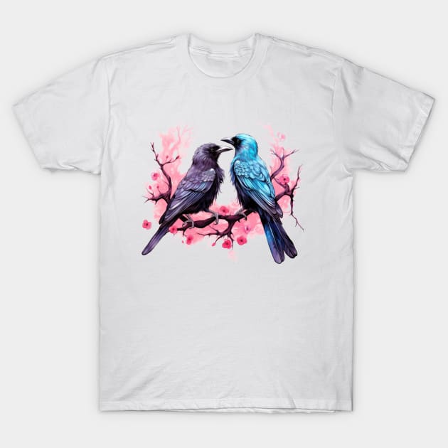 Valentine Kissing Raven Bird Couple T-Shirt by Chromatic Fusion Studio